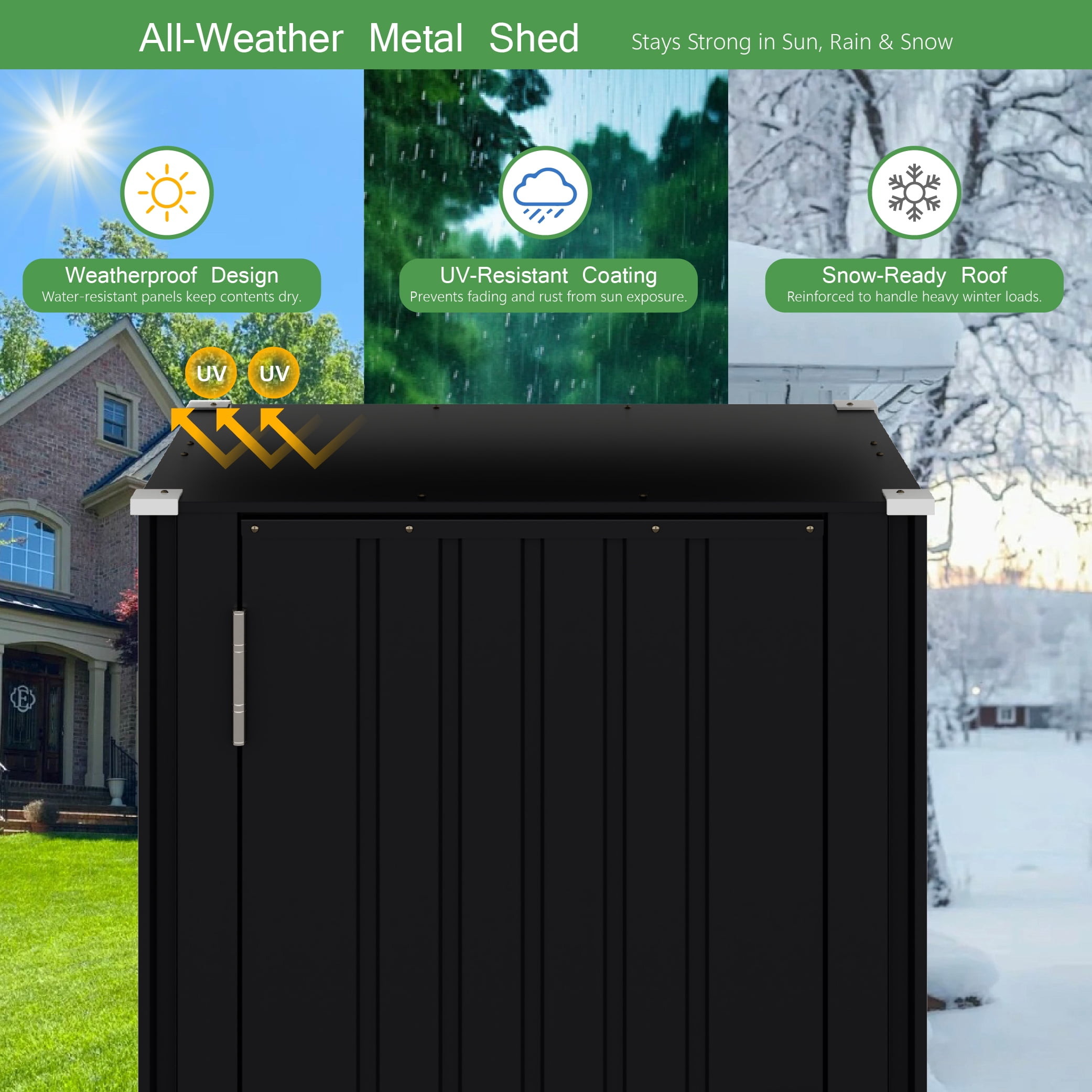 Patiowell, 21cu.ft Black Metal Storage Shed - Lockable All-Weather Garden Shed for Tools/Trash Bins