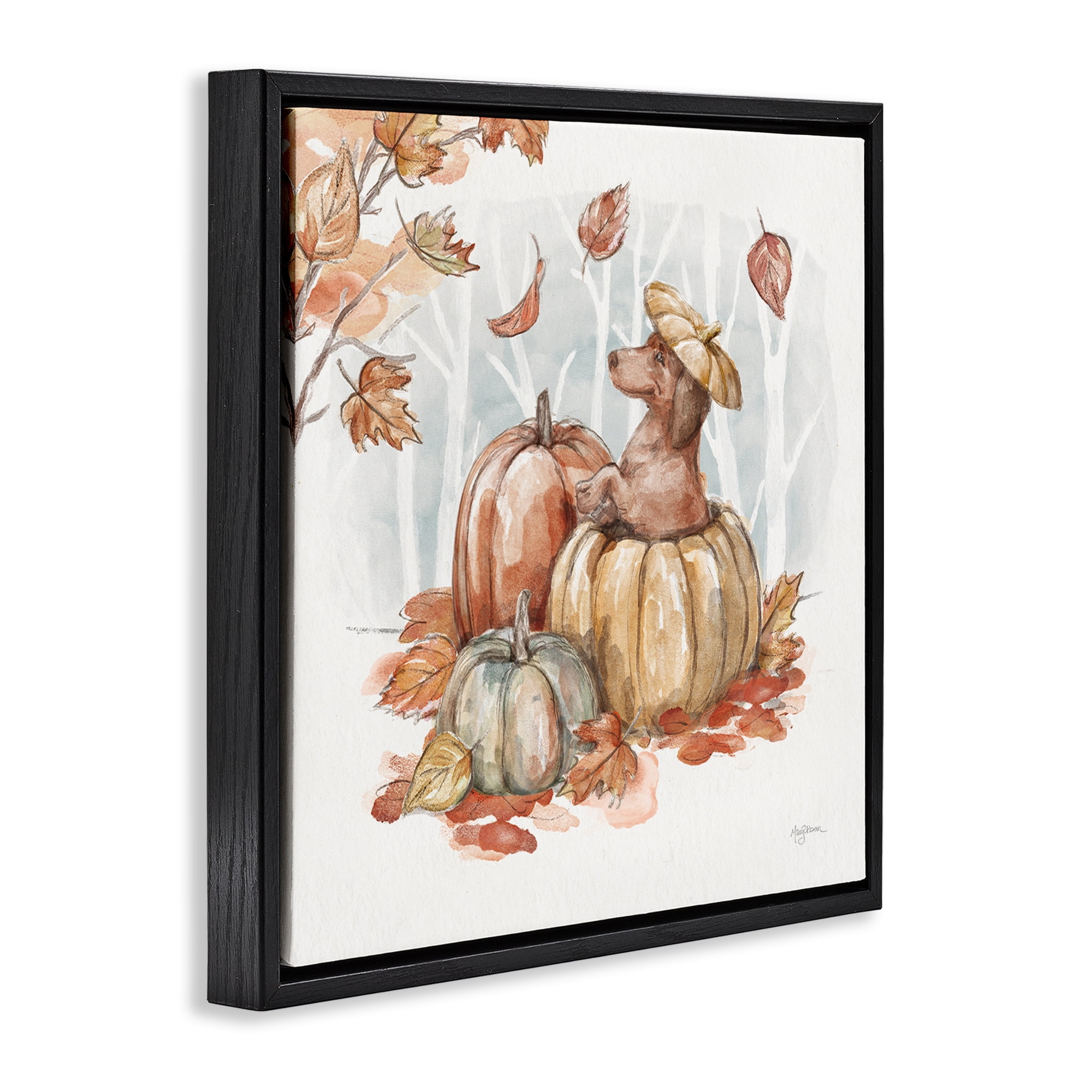Stupell Industries Fun Dachshund & Pumpkin Holiday Painting Black Floater Framed Canvas Art Prints Wall Art, 25 x 25