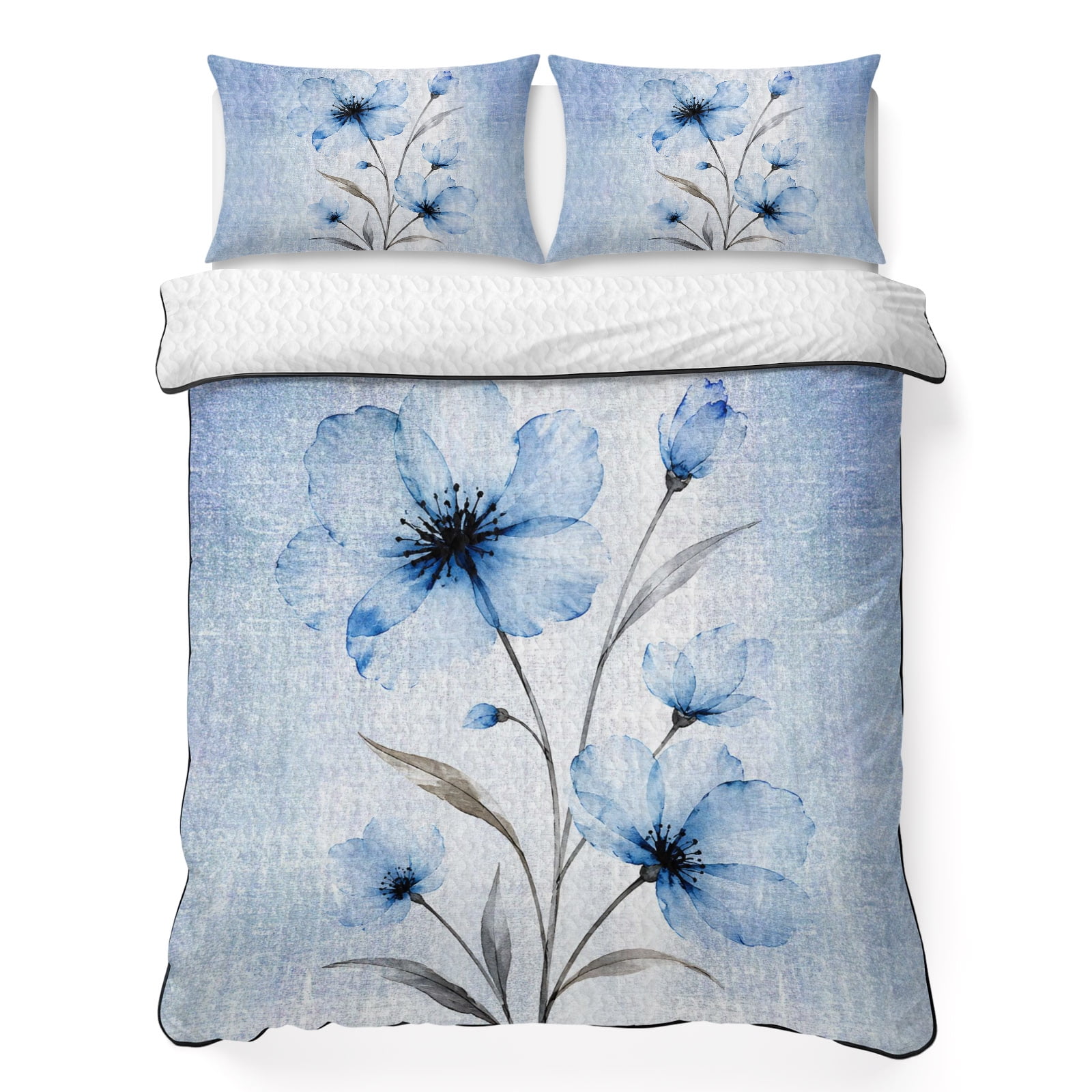 Boho Translucent Floral 3 Piece Quilt Bedding Set with 2 Pillow Shams Shabby Chic Blue Flower Lightweight Bedspread Coverlet Soft Breathable All Season Quilt 90 x 96 Inch