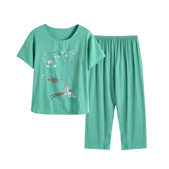 Penkiiy Capri Pajamas Set Womens Short Sleeve Lounge Sets Sleepwear Top & Capri 2 Piece PJ Sets 3XL Green