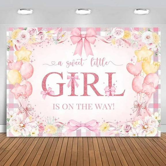 7x5ft Girl Baby Shower Backdrop Pink Bow Floral Sweet Baby Girl is On The Way Decorations Banner Watercolor Balloon It's a Girl Banner Photo Booth Props (7x5ft (82x60 inch))