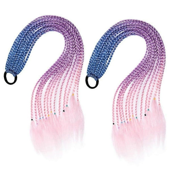 1 Set/2pcs Lovely Braid Wig Elastic Hair Ties Useful Ponytail Holder Ring Pigtails Braids Hair Extensions (Blue and Purple and Pink)