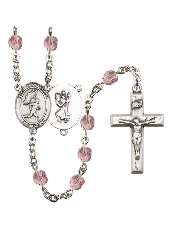 St Gift Boxed Christopher-Track & Field Center and 1 3/8 x 3/4 inch Crucifix Silver Finish St Christopher-Track & Field Rosary with 6mm Light Amethyst Color Fire Polished Beads