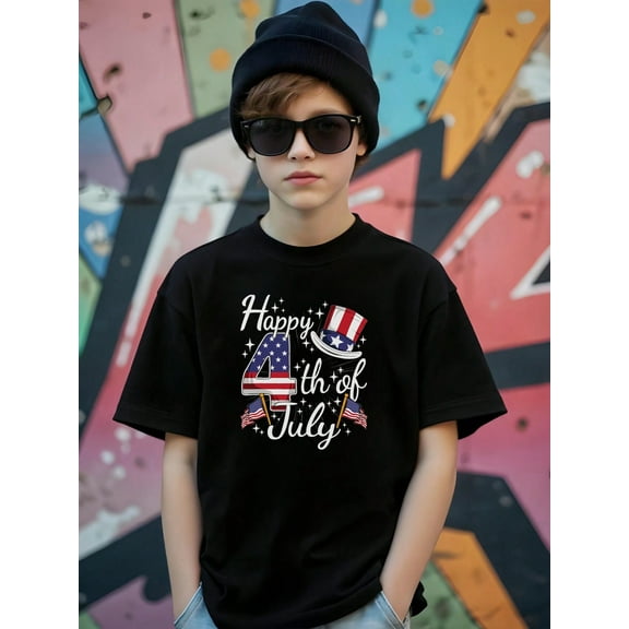 Happy 4th of July,Teens Casual Minimalist Street Fashion Style Graphic T-shirt for Outdoor Sports and Daily Wear,Summer T-shirt for Teens and kids,Black 3-13Y