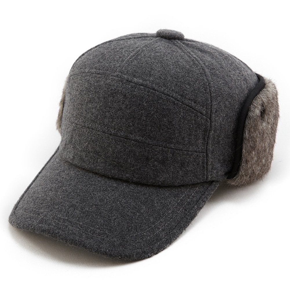 Comhats Mens Winter Wool Elmer Fudd Baseball Cap with Ear Flaps Womens Faux Fur Earmuffs Trapper Hunting Shooting Fishing Ski Outdoor Cold Weather Hat