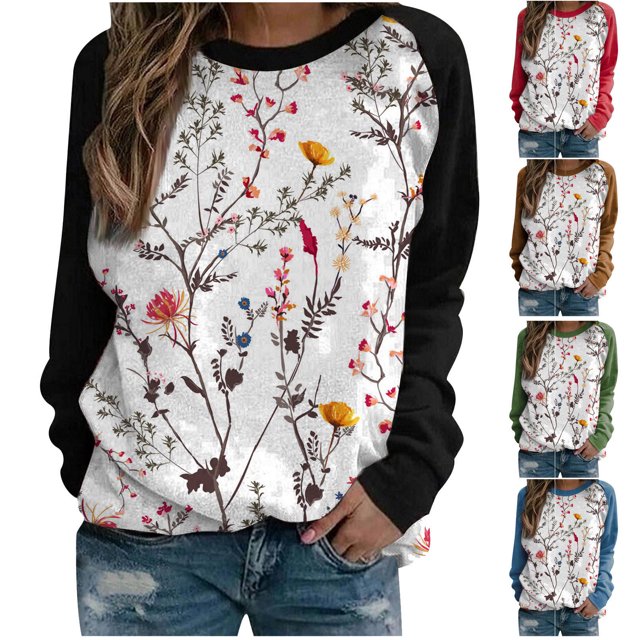 UVEASISHA Chandails en Molleton Floraux pour Femmes, Col Rond Décontracté, Manches Longues, Chandail Imprimé Floral, Coupe Ample, Mode Automne 2025, Soldes, Vert, P