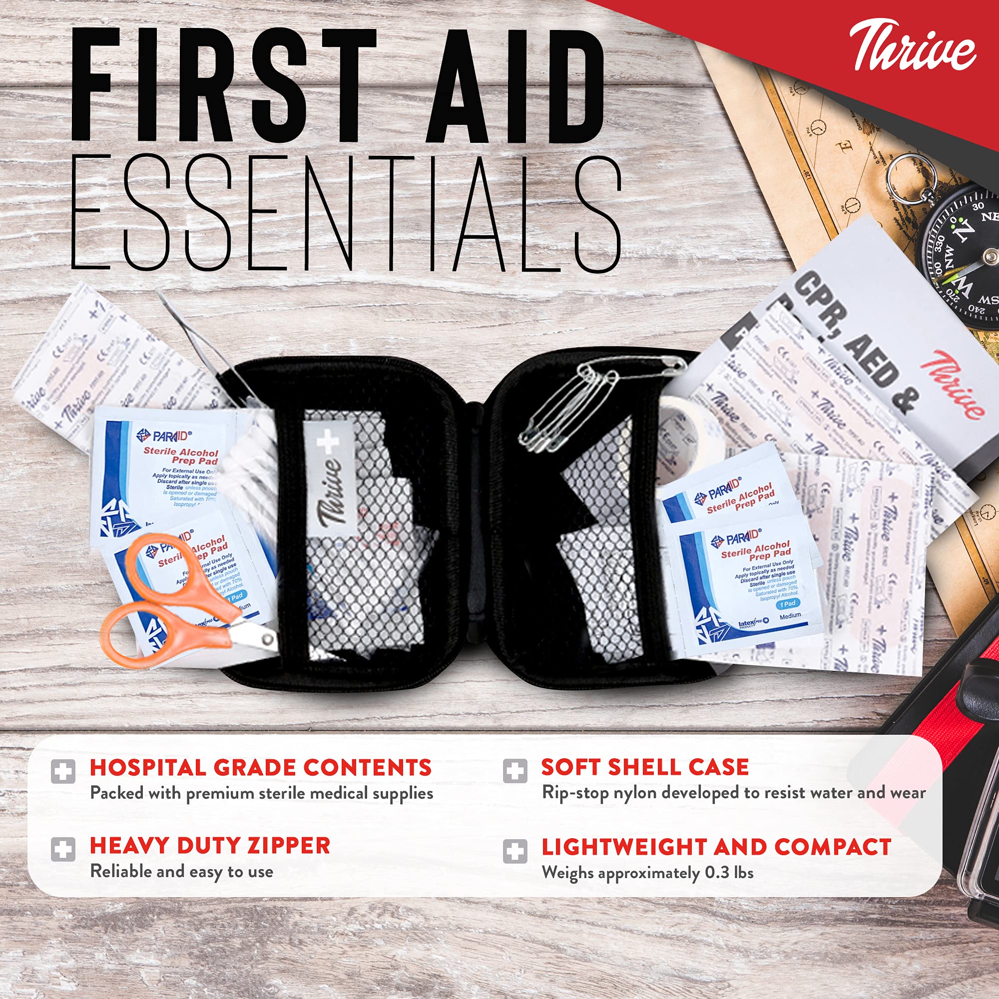 Thrive First Aid Kit Mini Travel Size Kit (66 Piece Shell Case) First  Aid Bag with Hospital Grade Medical Supplies