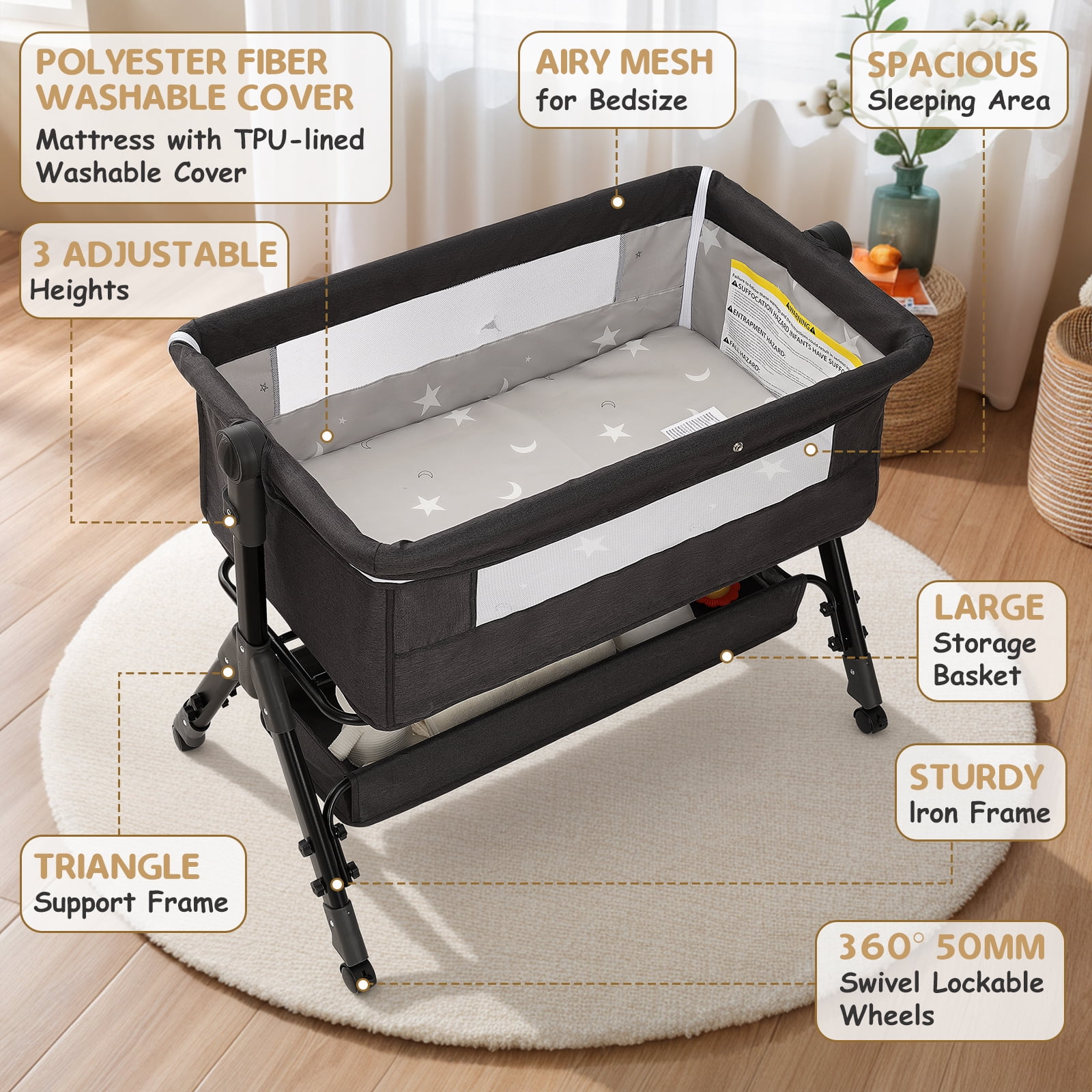 Infant Bassinet Sleeper,Single-sided Detachable 3 Adjustable-Height Bedside Beds Foldable Baby Crib,for 0-18 Months-Dark Gray