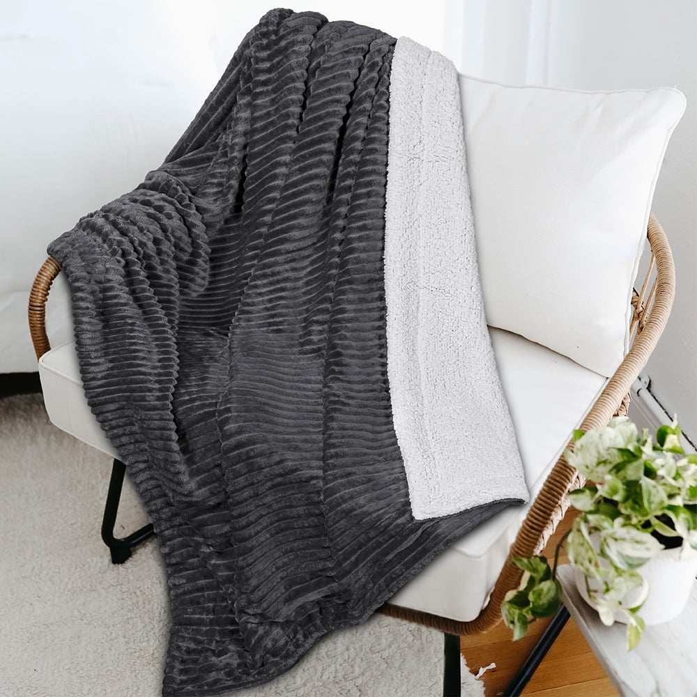 PAVILIA Reversible Sherpa Fleece Throw Blanket Dark Grey, Plush Flannel Throw, Ultra Soft Warm Ribbed Microfiber Blanket for Sofa Couch Bed, Luxury Thick Striped Blanket, Grey, 50x60