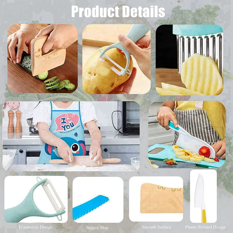 Kids Cooking Set Real, Montessori Kitchen Tools, Toddlers Safe Knife Tools Set (include Wood and Plastic Knife, Crinkle Cutter, Peeler, Cutting Board