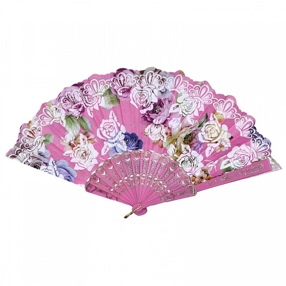 ACDANC Chinese Style Hand Fans Wooden Folding Fan Dance Party Silk Folding Hand Held Flower Fan (Pink)