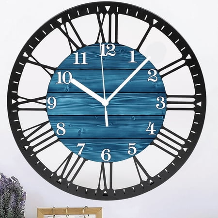 Iron Blue Wall Clock Battery Operated 10 Inch Silent Iron Wall Clocks Country Retro Farmhouse Wall Clock Decorative for Kitchen Living Room Bedroom Style 10×10inch(25×25cm)