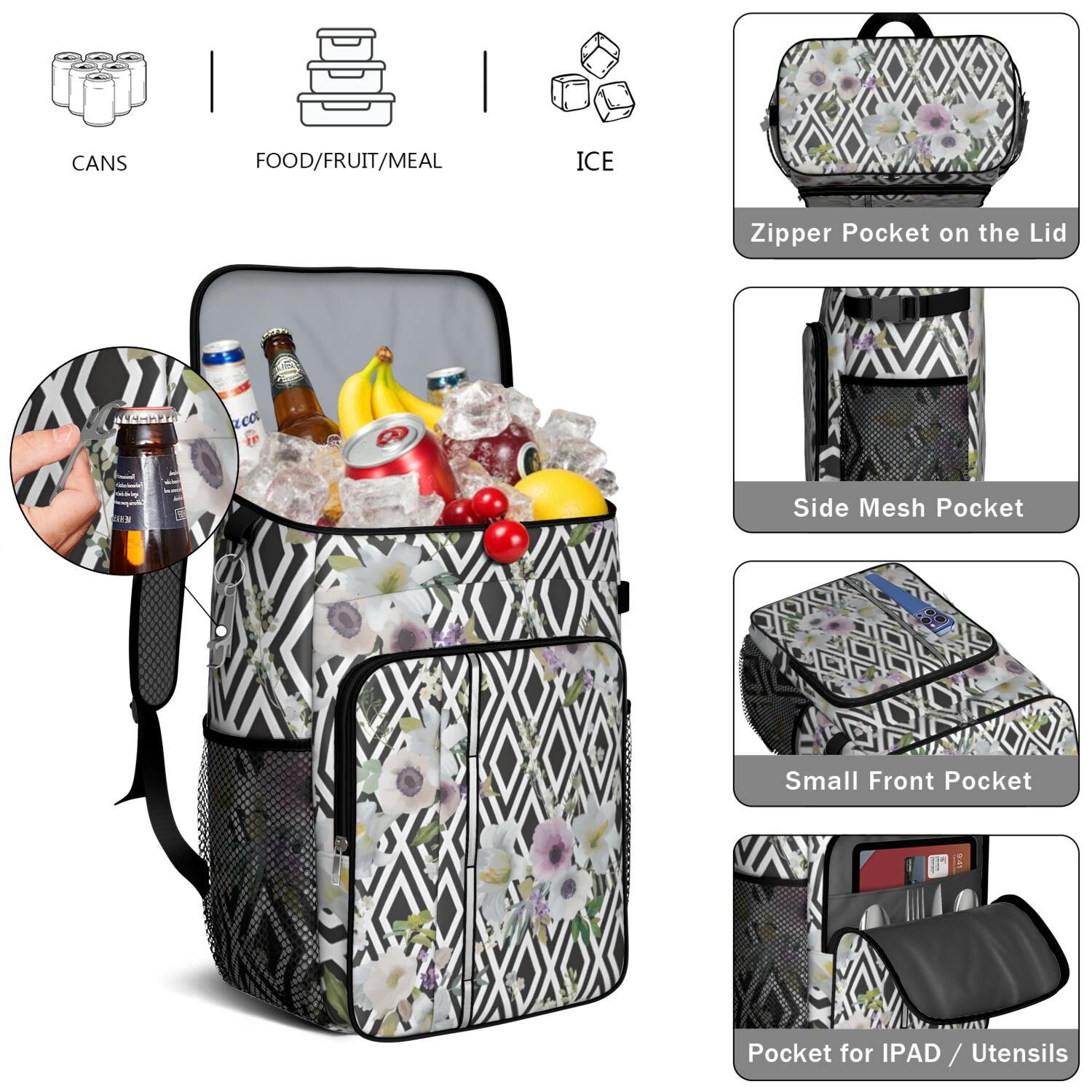 Travel Cooler Bag - Pioneer Flower Floral Print Pattern Camping Beer Cooler Backpack with Bottle Opener- Waterproof Insulated Picnic Backpacks - Cooler Bag for Beach