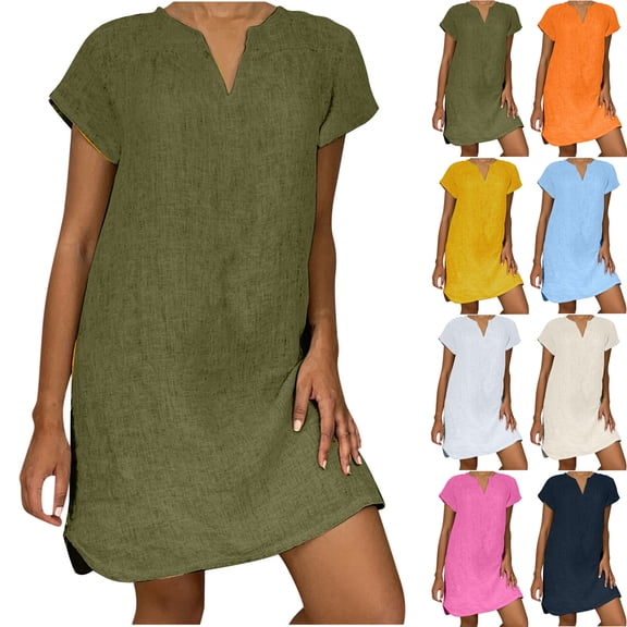 Vibrex Breathable Plus Size Solid Color Loose V Neck Short Sleeve Shift Dress For Women Summer Resort Wear Comfortable Dresses For Women Athletic Casual Dresses Short Summer Dresses For Women