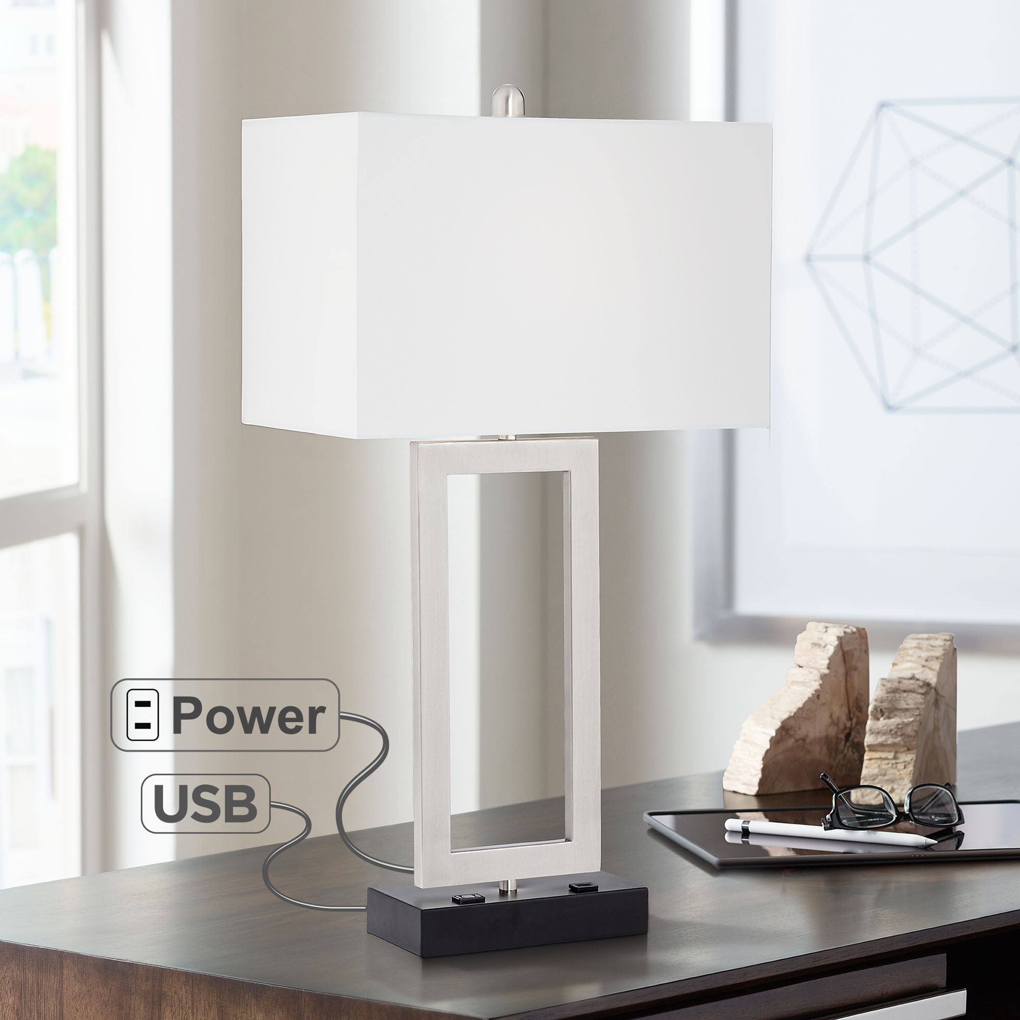Possini Euro Design Modern Table Lamp With Hotel Style Usb And Ac Power In Base Steel Open Rectangle White Shade For Bedroom Office