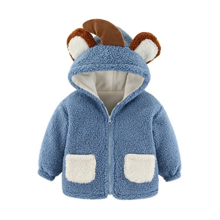 

Newborn Infant Baby Boys Girls Soild Color Plush Cute Bear Ears Autumn Winter Thick Keep Warm Coat Jacket Zipper Up Fleece Pocket Hooded Jacket Coat Outwear