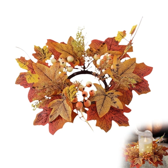 A Rtificial Maple Leaves Wreath Ring Fall Candle Ring Wreaths Thanksgiving Candle Ring Holder For Bar Home Party (1Pcs) For Halloween Thanksgiving Christmas(Yellow)#1017