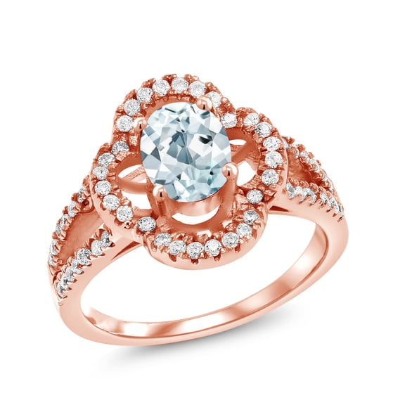Gem Stone King 1.57 Ct Oval Sky Blue Aquamarine 18K Rose Gold Plated Silver Spotlight Ring (Size 5)