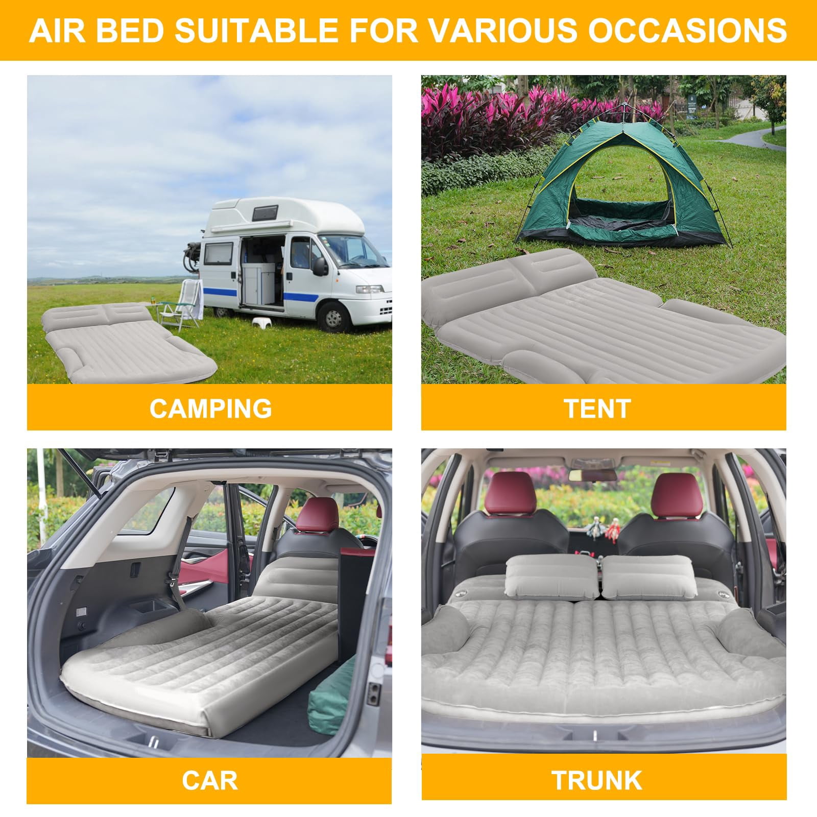 QDH SUV Air Mattress Thickened and Double-Sided Flocking Travel Camping Bed with 2 Pillows & Electric Pump Dedicated Mobile Cushion Inflatable Bed for SUV Trunk and Rear Seat (Light Gray)
