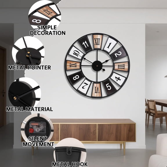 JUNCHI-Large Wall Clock Vintage Large Digital Creative Garden Wall Clock Iron Outdoor Clock Round Silent Clock Suitable for Indoor and Outdoor Decoration 20 Inch