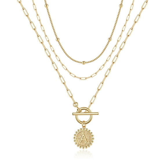 IEFSHINY Layered Gold Initial Necklaces for Women Paperclip Link Toggle Clasp Initial Necklaces