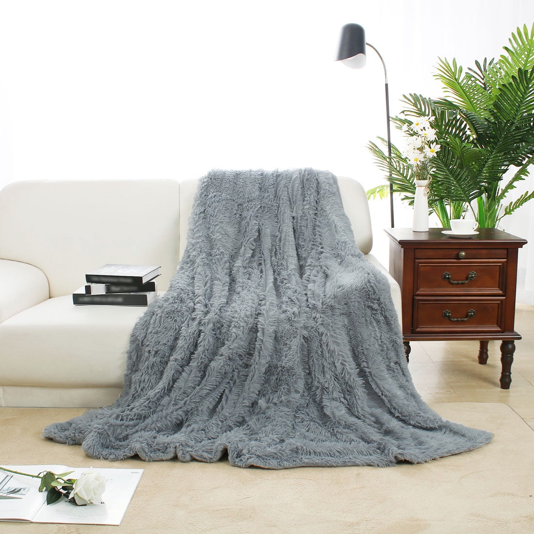 Unique Bargains Shaggy Faux Fur Decorative Blanket Gray Queen