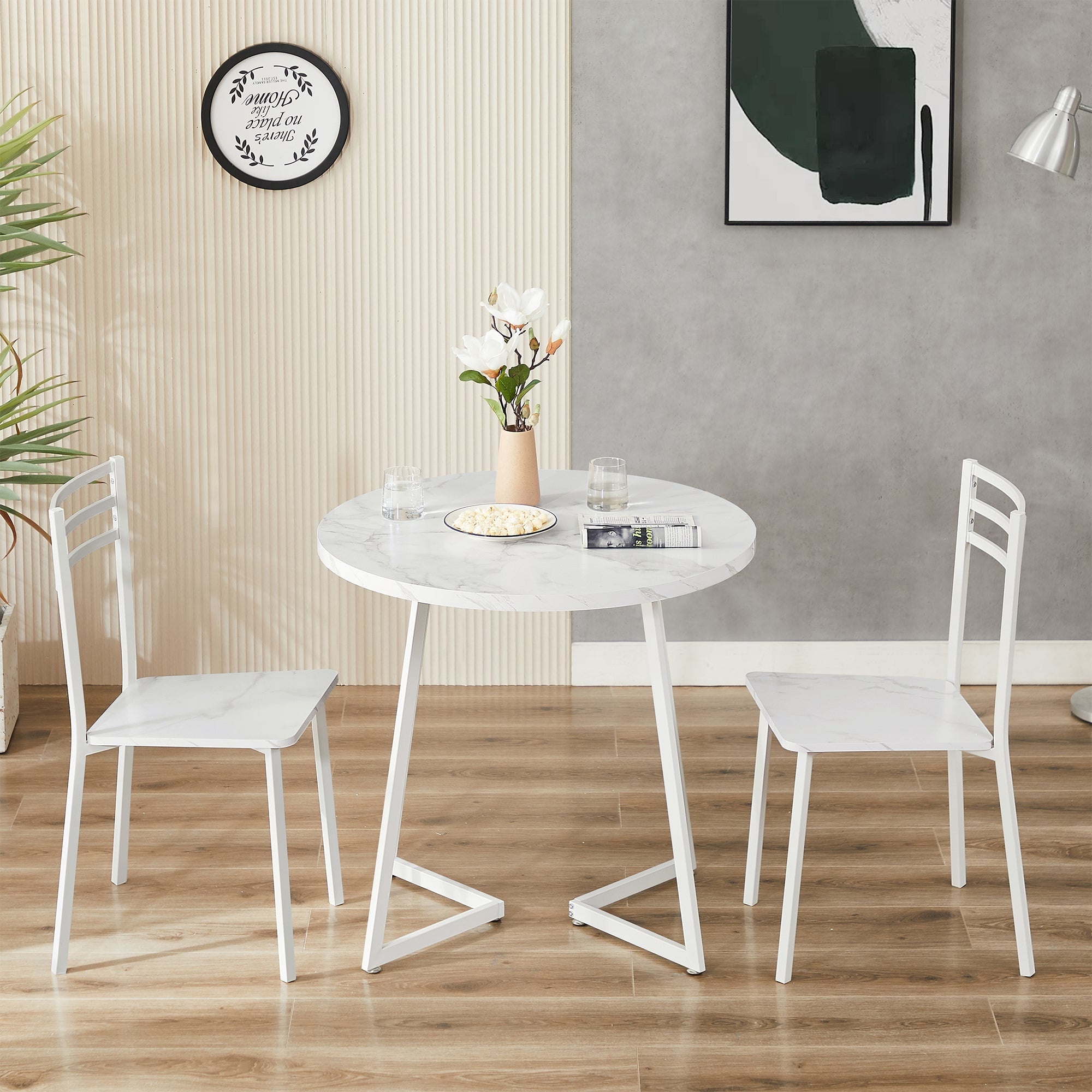 VECELO 31.5" Round Dining Table with Metal Legs for Kitchen Living Room Coffee Table Bristro Table, Marble White