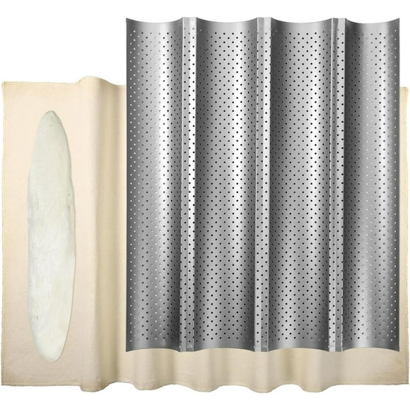shiyou-French Bread Baking Pan with Professional Proofing Cloth, 4 Loaves Baguette Bread Pan Long Sourdough Bread Baking Tray Perforated French Bread Pan for Professional & Home Baker