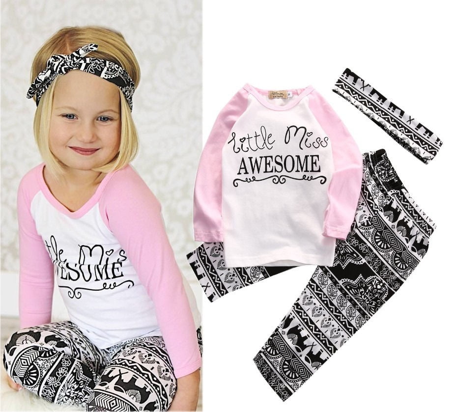 Toddler Baby Kids Girls Clothes T-shirt Pants Leggings Headband 3PCS Outfits Set