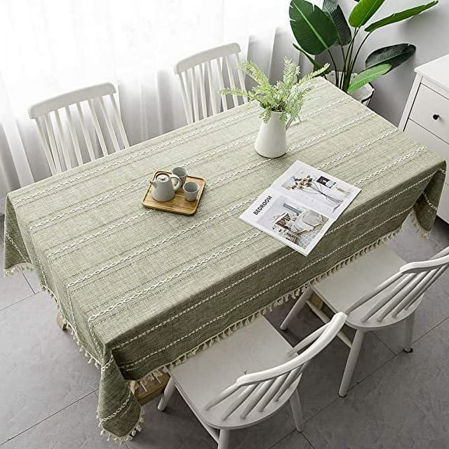 Xiao Hua Mantel de lino y algodón, antiarrugas, con borlas, rectangular, para comedor, cocina, decoración de mesa (verde oliva claro, cuadrado, 139 x 219 cm)