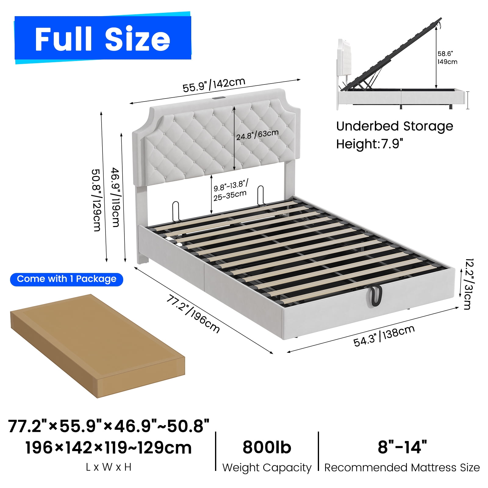 Queen Size Floating Bed Frame with Adjustable Headboard, Lifting Up Upholstered Bed Frame Queen, Fast Charging Station, Underbed Lights Strip, Solid Wood Slat, No Box Spring Needed, Noise-Free, White