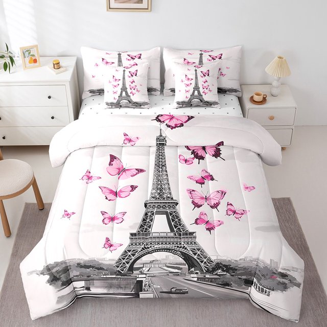 Erosebridal Eiffel Tower Bedding Full Comforter Set, Pink Down Comforter, Butterfly Room Decor, Reversible 7 Pieces