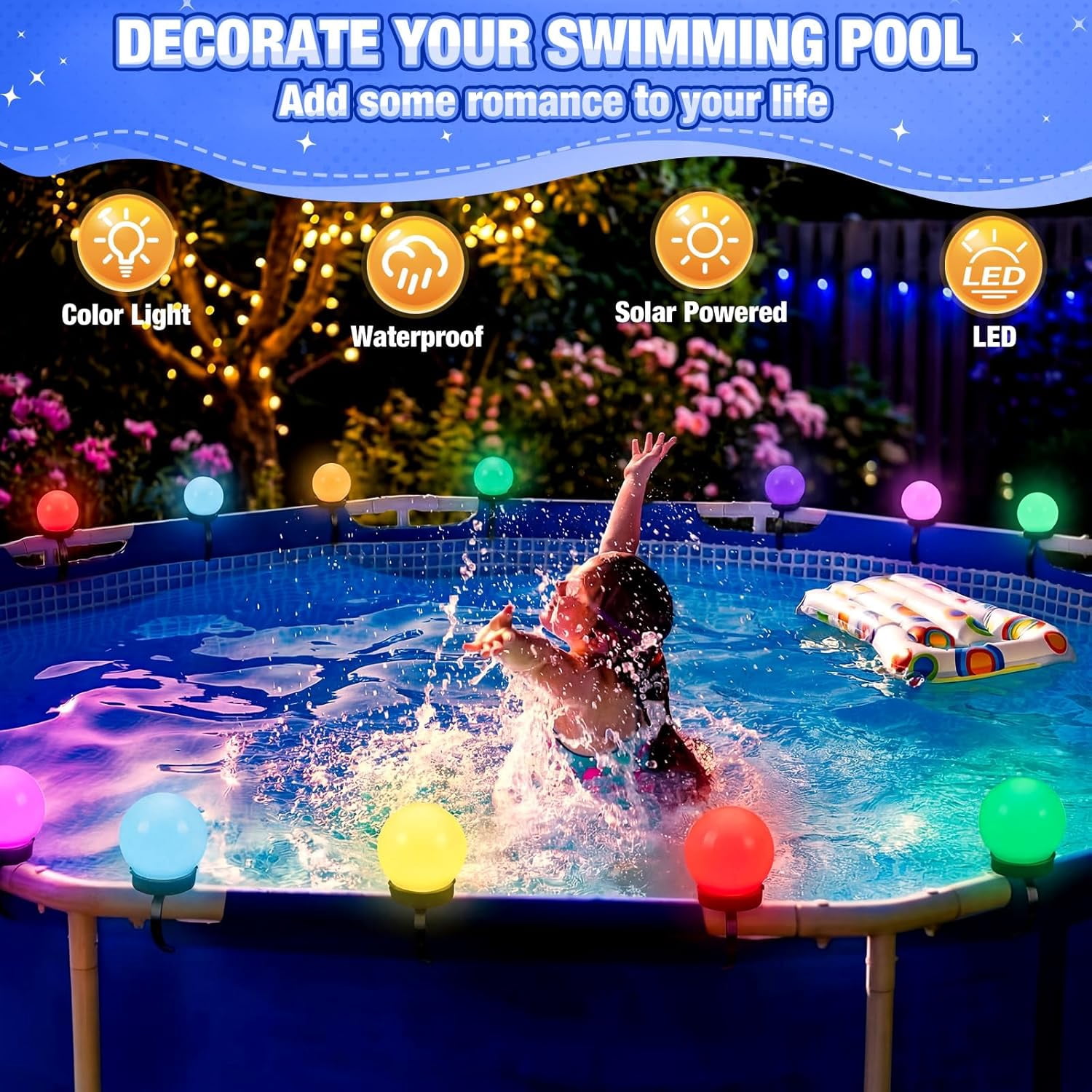 8 Pcs Pool Solar Lights for Framed Above Ground Pools Waterproof Solar Light Outdoor Swimming Pool Fence Decorations Pools Accessories Colorful Light