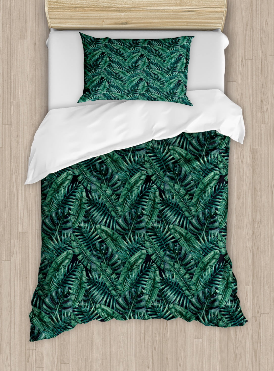 Palm Leaf Twin Size Duvet Cover Set, Watercolor Tropical Jungle Leaves