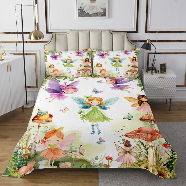 Erosebridal Ensemble de Couvre-Lit Fée de Dessin Animé Elf Format Simple, Courtepointe de Lit Kawaii Champignon, Décoration de Princesse de Rêve, Respirant, 2 Pcs