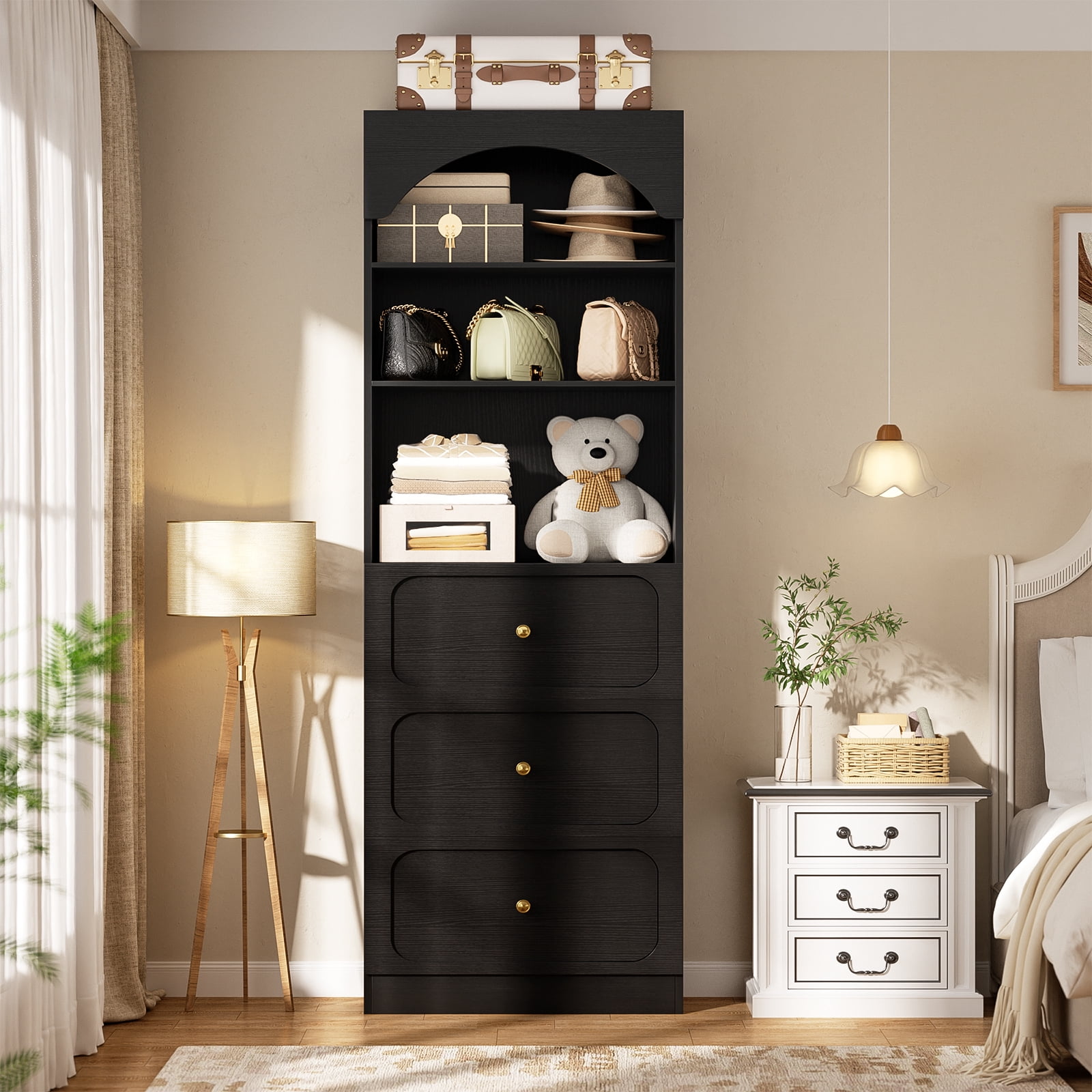 Homieasy 80" Tall Arched Bookcase with 3 Drawers & 3 Open Shelves - Wooden Storage Cabinet for Living Room, Kitchen, Office,Black