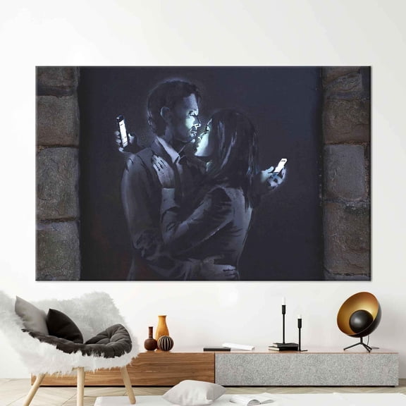 Phone Graffiti Poster, Banksy Woman And Man Printed Canvas, Banksy Art, Banksy Mobile Phone Lovers, Graffiti Poster, Couple Graffiti Printed Canvas, Canvas Wall Decor - Rolled Canvas