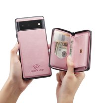 ELEHOLD Luxury Multi-Functional Wallet Case for Google Pixel 6A Leather Purse Case with Detachable Card Slots Zipper Pocket Kickstand Function Shockproof Protective Case,Pink