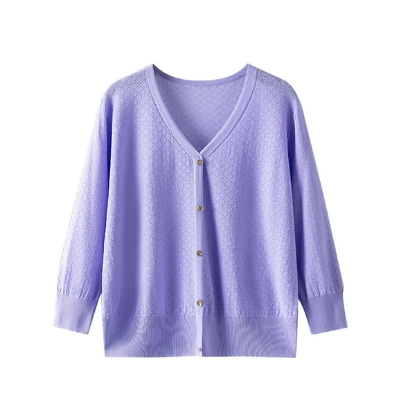 DeHolifer Womens V-Neck Cardigan Button Up Long Sleeve Loose Knit Sweater Open Front Solid Color Lightweight Cardigans Purple Free Size