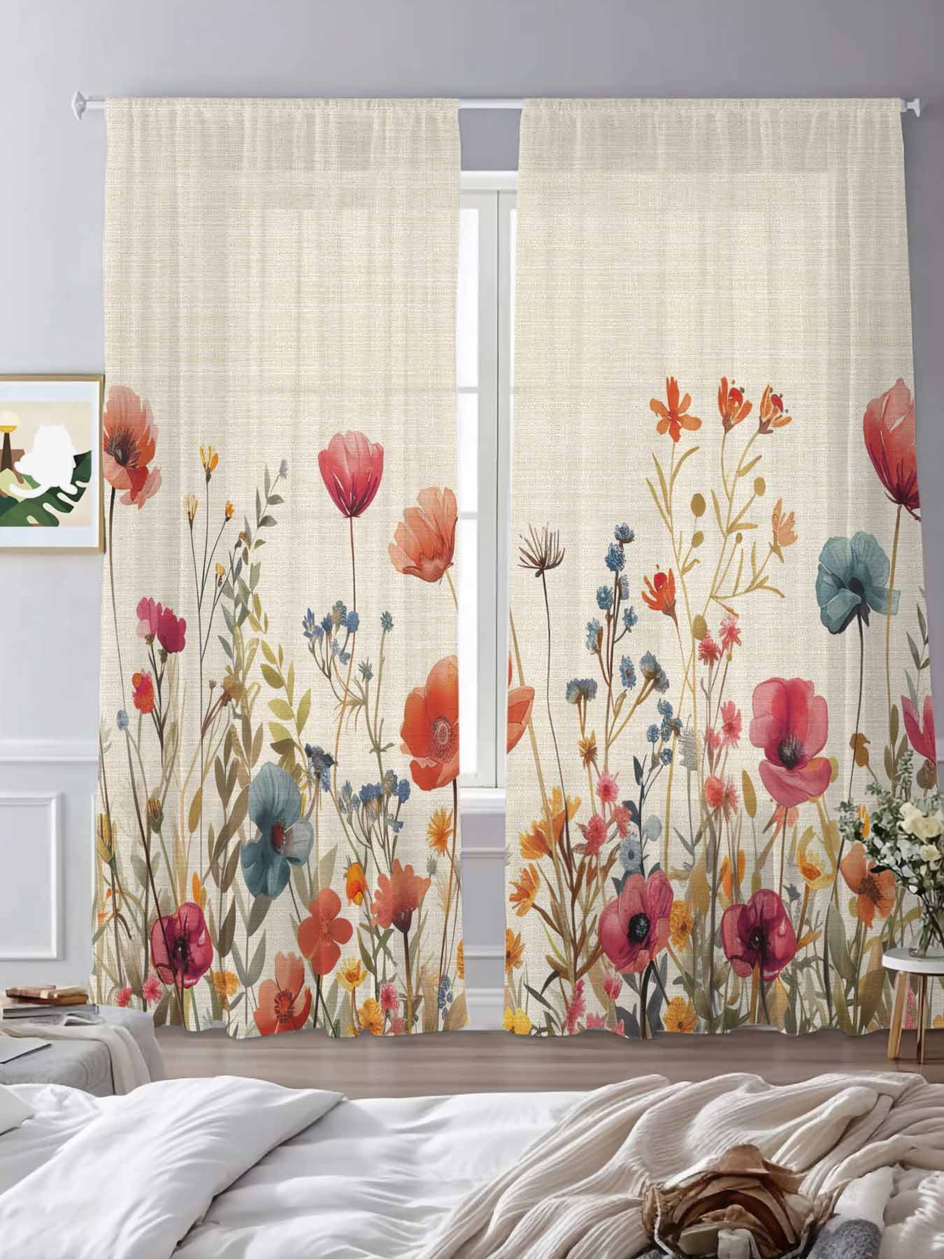 Red Flowers Sheer Curtains 96 Inches Long 2 Panels Plants Watercolor Floral Retro Linen Light Filtering Semi Sheer Window Curtains Drapes for Bedroom Living Room 52"x96"x2