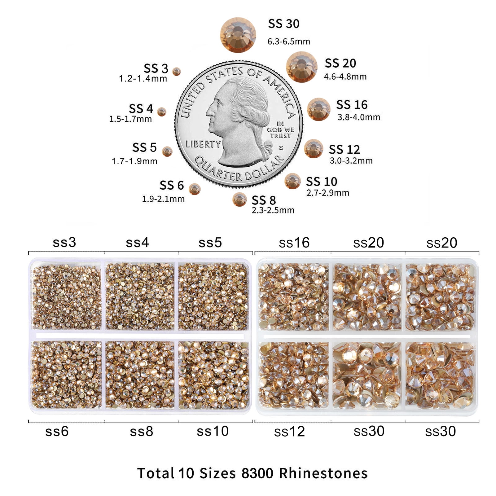 Beadsland 8300PCS Flatback Rhinestones 10 Sizes with Wax Pencil and Tweezer Kit, SS3-SS30, Golden Shadow