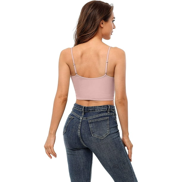 Charmo Women's Ribbed Cami Crop Tops Cropped Cami with Built in Bra
