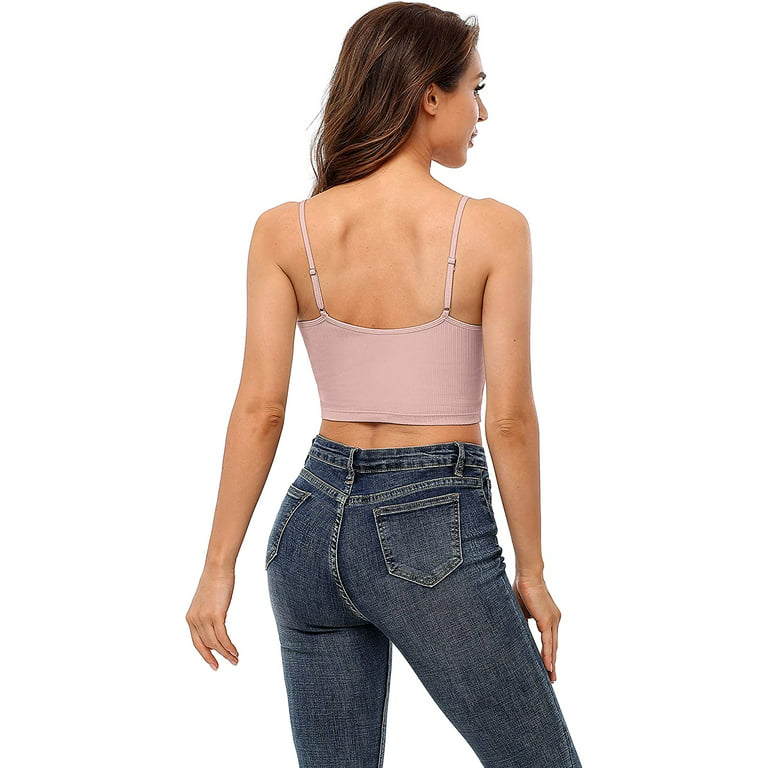 Spaghetti Strap Tank Camisole Top For Women Basic Sport Cropped Tank Tops  With Shelf Bra