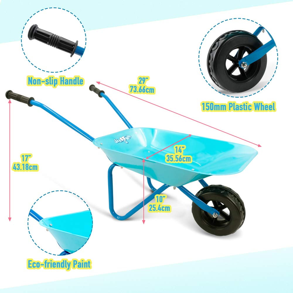 Colwelt Kids Wheelbarrow Set Metal 5 PCS,  Blue Small Child wheelbarrow, Gardening Tools for Kids， Outdoor Indoor Garden Backyard Toy Gift for Children 3+Years Old