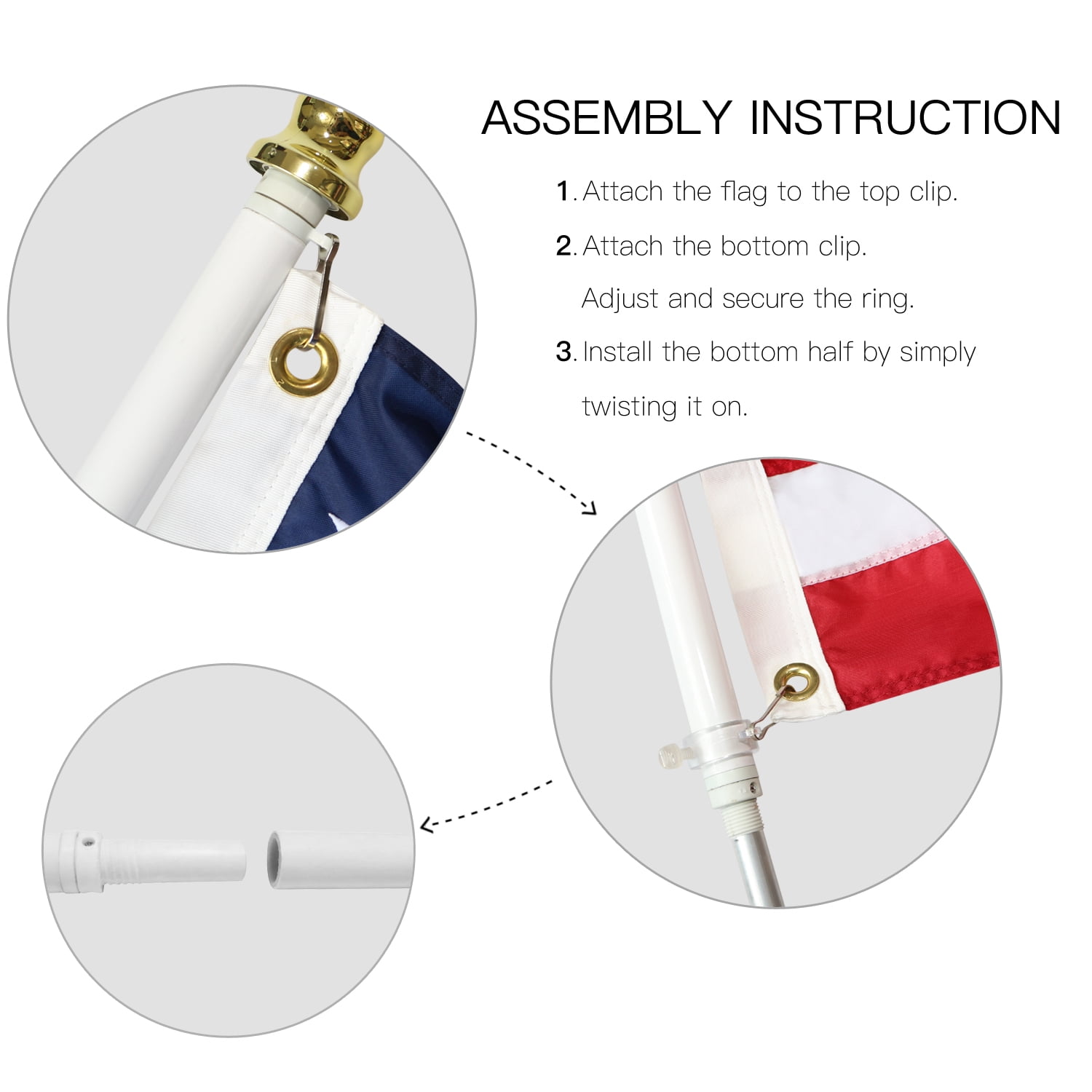 Anley 6 feet No Tangle Spinning Flagpole, Aluminum Spinning Wall Mount Flag Pole - White