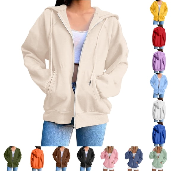 Wxolcjlv Solid Zip‑Up Hoodie for Women Raglan Cut Hooded Sweatshirts