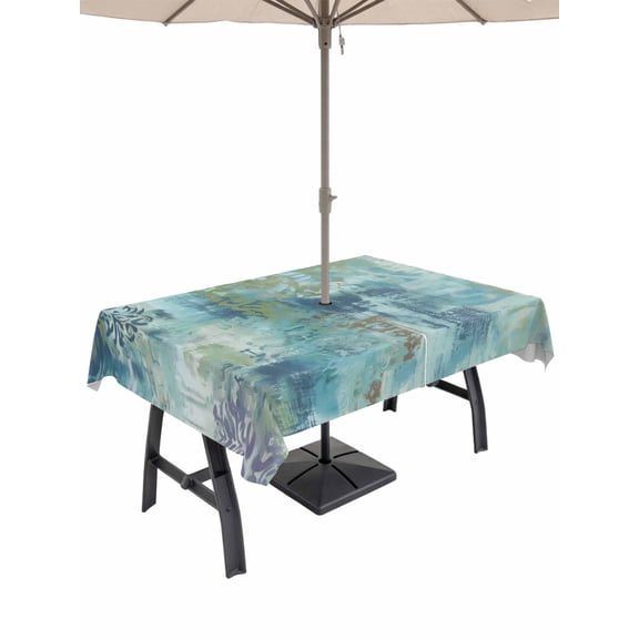 Outdoor Tablecloth with Umbrella Hole for Patio/Picnic/Party/Camping, Blue Sage Green Boho Waterproof Table Cloth Rectangle Table Cover Washable, Vintage Ethnic Tribe Abstract Art (60"x 120")