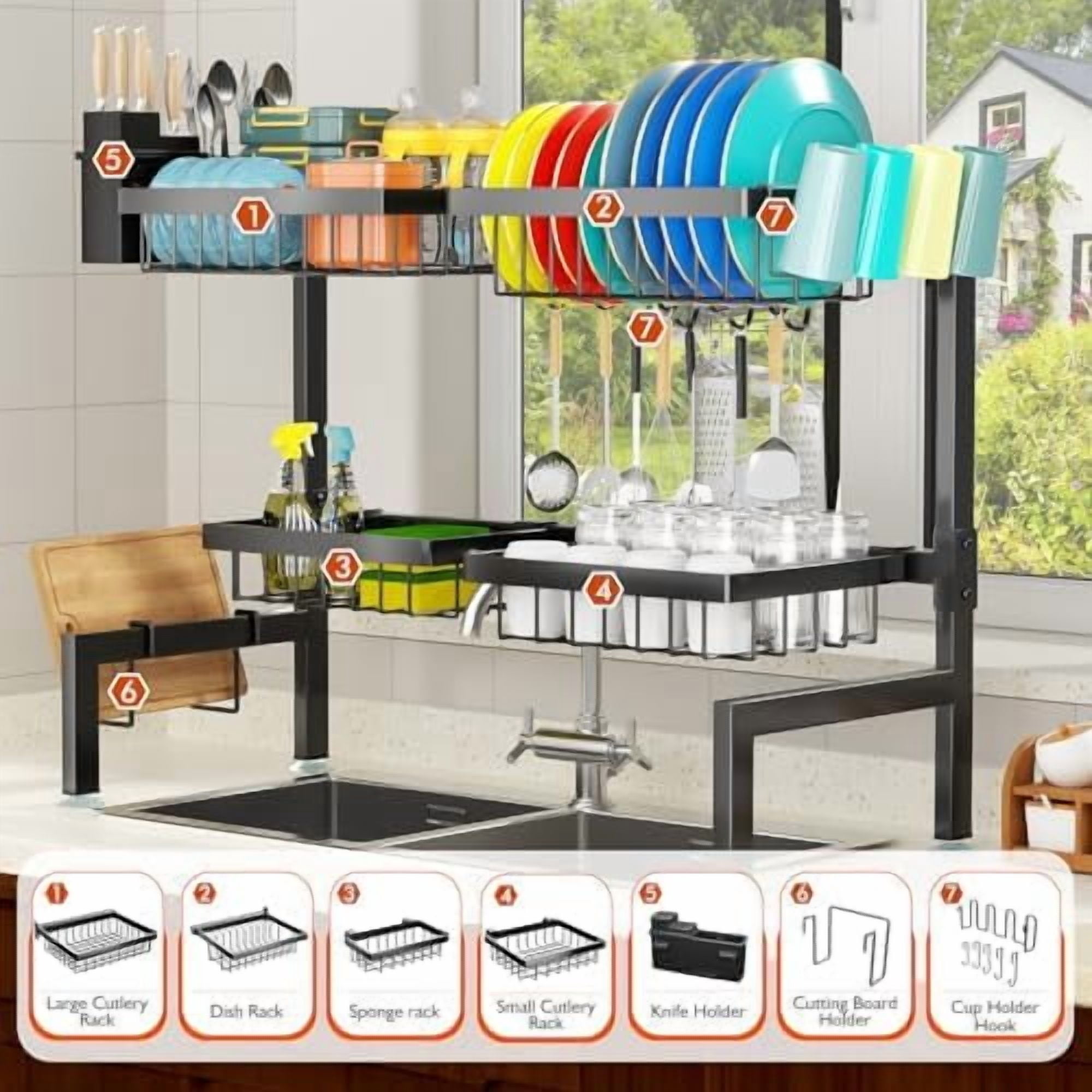 4 Baskets Over The Sink Dish Drying Rack, Extendable Large Capacity Sink Rack, Metal Drying Rack Saving Space,for Most Sinks (26.57"-35")