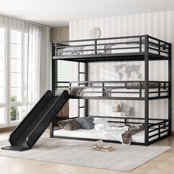 QZYeYun Triple Bunk Bed with Slide, Full Over Full Over Full Metal Bunk Bed with Ladder and Guardrail for Teens Adults, No Box Spring Needed, Easy Assembly