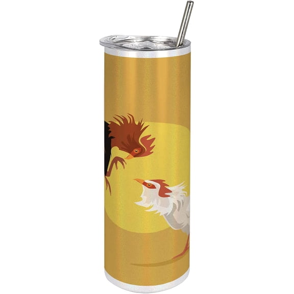 Rooster 20 Oz Skinny Tumbler, Western Concept Winged Animals on Simple Design Sun Print Earth Tones, Leak-Proof Straw Lid and Brush Vacuum Insulated for Outdoor Use, Earth Yellow Multicolor